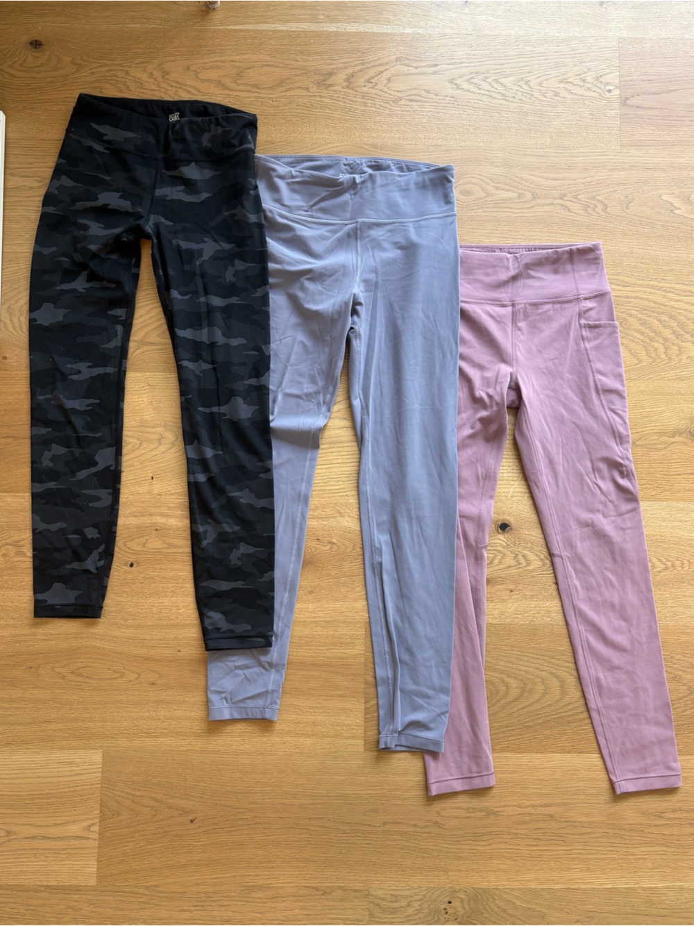 Athleta Kids Leggings Trio — Pink, Gray/Blue, Black Camo